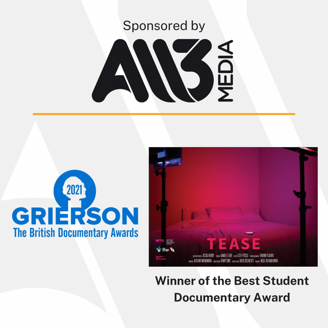 all3media_int's tweet photo. We're proud to have been the headline sponsor of the 2021 Grierson British Documentary Awards, as well as the sponsor for the Best Student Documentary award, which went to Tease. Many congratulations to the winning production team from the National Film and Television School. https://t.co/kX0lOlHu7i