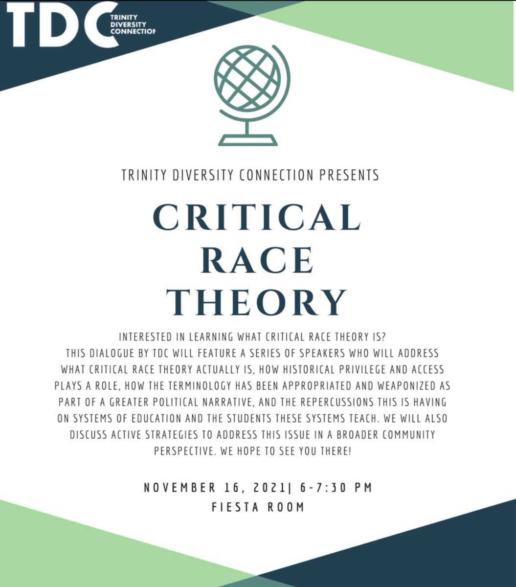 trinityutdc's tweet image. ➡️ Let's talk about Critical Race Theory‼Join TDC in an engaging dialogue addressing what CRT is, the history, and its affect on the education system. This event will happen on Nov. 16th from 6-7:30 pm in Fiesta Room. We hope to see you there!