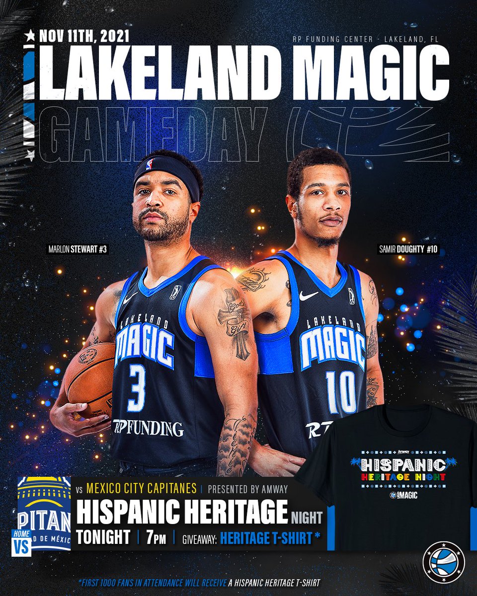 OsceolaMagic's tweet photo. Back at it tonight against the @CapitanesCDMX. Join us for Hispanic Heritage Night presented by Amway as we host Mexico’s first NBA G League team. First 1,000 fans will receive a Hispanic Heritage Night shirt.
🕖 7:00 PM
📍RP Funding Center
🖥 ESPN+
🎟 https://t.co/Yoh3957XpZ https://t.co/Zz5FGlp3FD