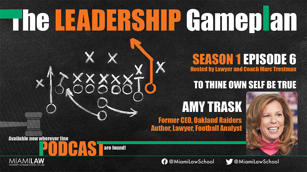 🎧 NEW RELEASE: #MiamiLaw's newest podcast, "The Leadership Gameplan" — hosted by coach Marc Trestman, and produced by EASL Director &amp; Assoc. Dean Greg Levy — featuring guest <a href="/AmyTrask/">Amy Trask</a>, former CEO of <a href="/Raiders/">Las Vegas Raiders</a>, author, lawyer, &amp; football analyst. Listen at ow.ly/1wPF50GHmBk