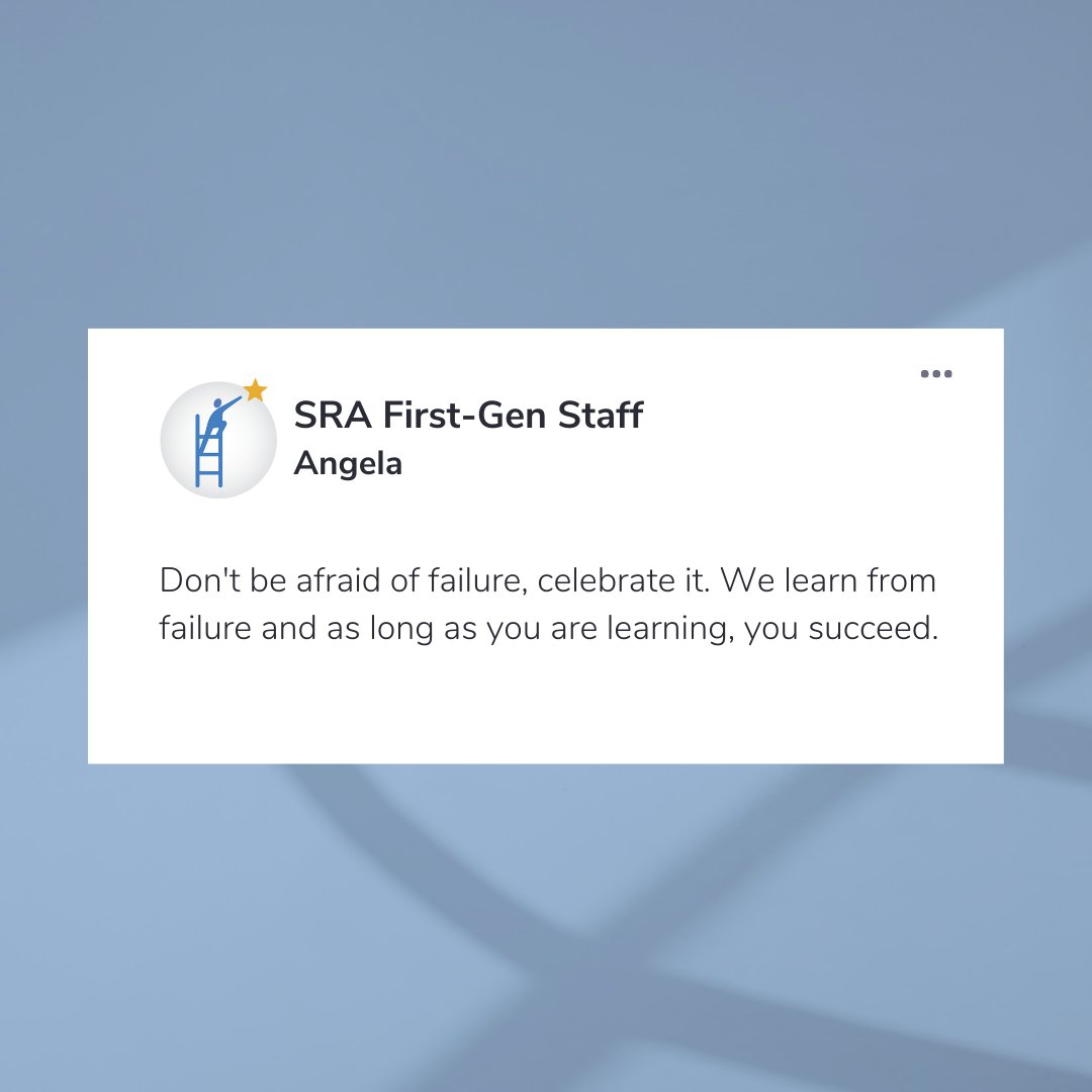 SRAprogram's tweet image. We're continuing to celebrate National First-Generation College Celebration Week by sharing words of wisdom from our First-Gen staff at SRA 🌟 Check out their awesome insight!

#FirstGenCelebrationWeek #FirstGenPride #StudentsRisingAbove #College #FirstGeneration