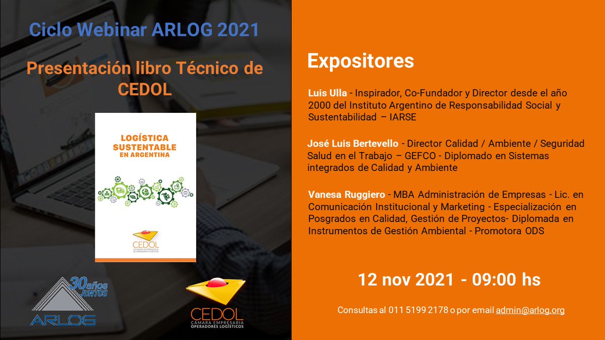 🟠 Desde CEDOL los invitamos este viernes 12/11 a las 9:00 hs a el ciclo de webinar libre y gratuito ARLOG 2021, en donde CEDOL presentará una nueva publicación técnica. 

Inscribite desde: us02web.zoom.us/webinar/regist…
 
#CEDOL #SomosLogÍstica 🚚