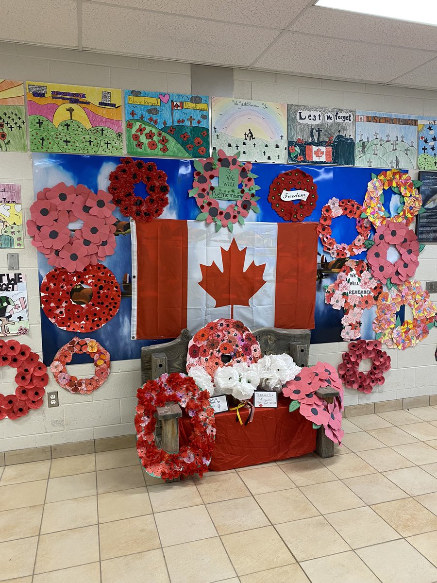 HewittsCreek's tweet photo. Our foyer is looking beautiful! Each class created a wreath and brought it down during our virtual assembly. #HurricanesFly #scdsb #WeRemember https://t.co/ordaVyXBtV