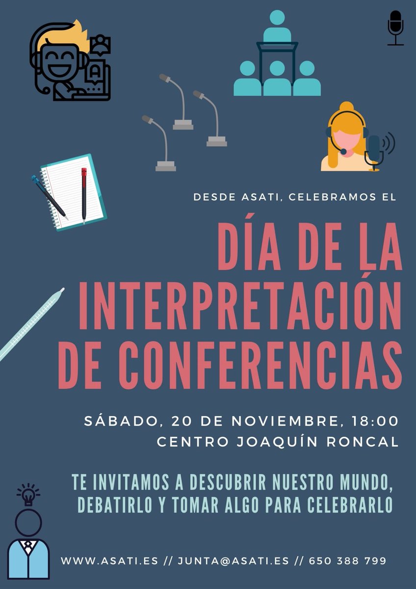 🎙️Qué mejor manera de celebrar el Día de la Interpretación de Conferencias que escuchando a 
Andrea Brocanelli, Natalia Gascón y  @gpinillagallego en la mesa redonda que organiza <a href="/ASATI_ES/">ASATI</a> el próximo 20 de noviembre en Zaragoza
#1nt #mañoterps