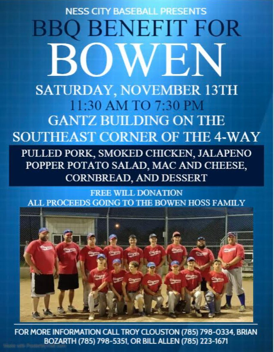 Looking for a meal Saturday in Ness City, check out this benefit BBQ by the Ness City summer baseball team for the Hoss family.