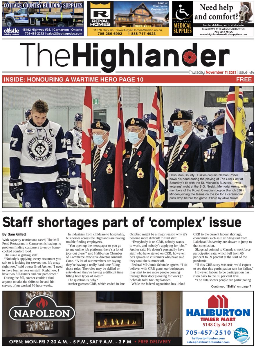 DOWNLOAD: This week's edition of The Highlander is ready to download at thehighlander.ca/archives.
Discussing County labour shortages, dismay over snow removal complications, decorated veteran shares his story and more in this week’s edition.