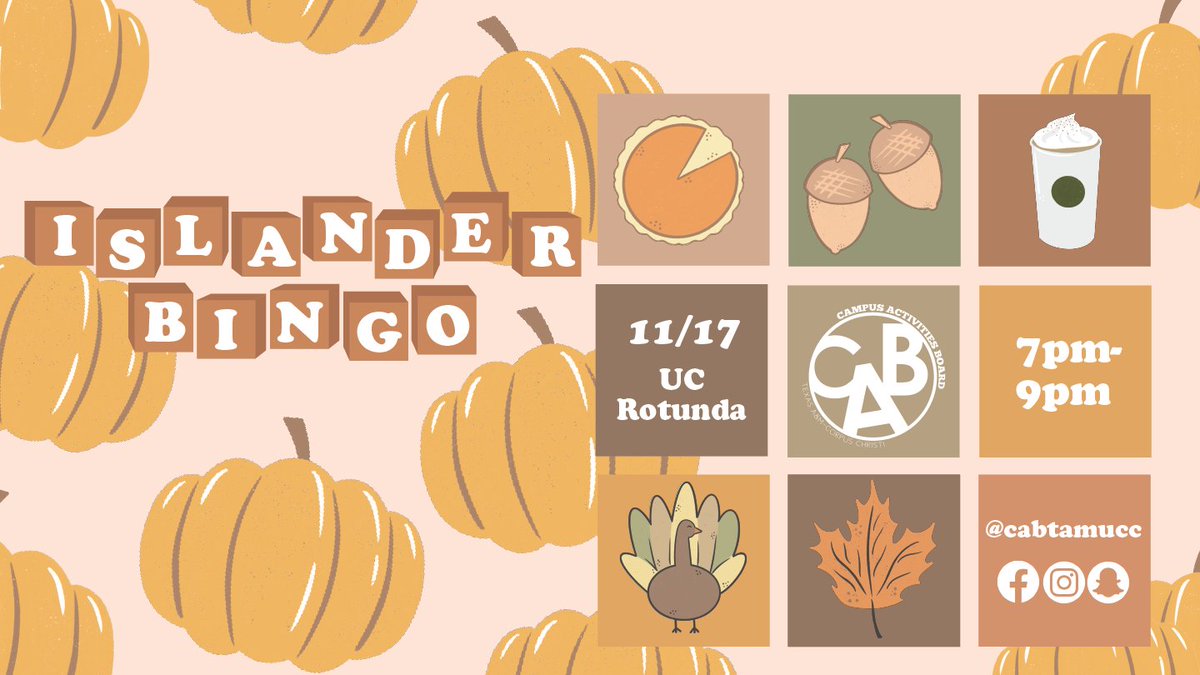 cabtamucc's tweet photo. B-I-N-G-O! Join us on Nov 17th from 7pm-9pm in the UC Rotunda.
#tamucc #CAB #Islanders #shakasup #AllWeDoIsFun https://t.co/N4dprFbf9z
