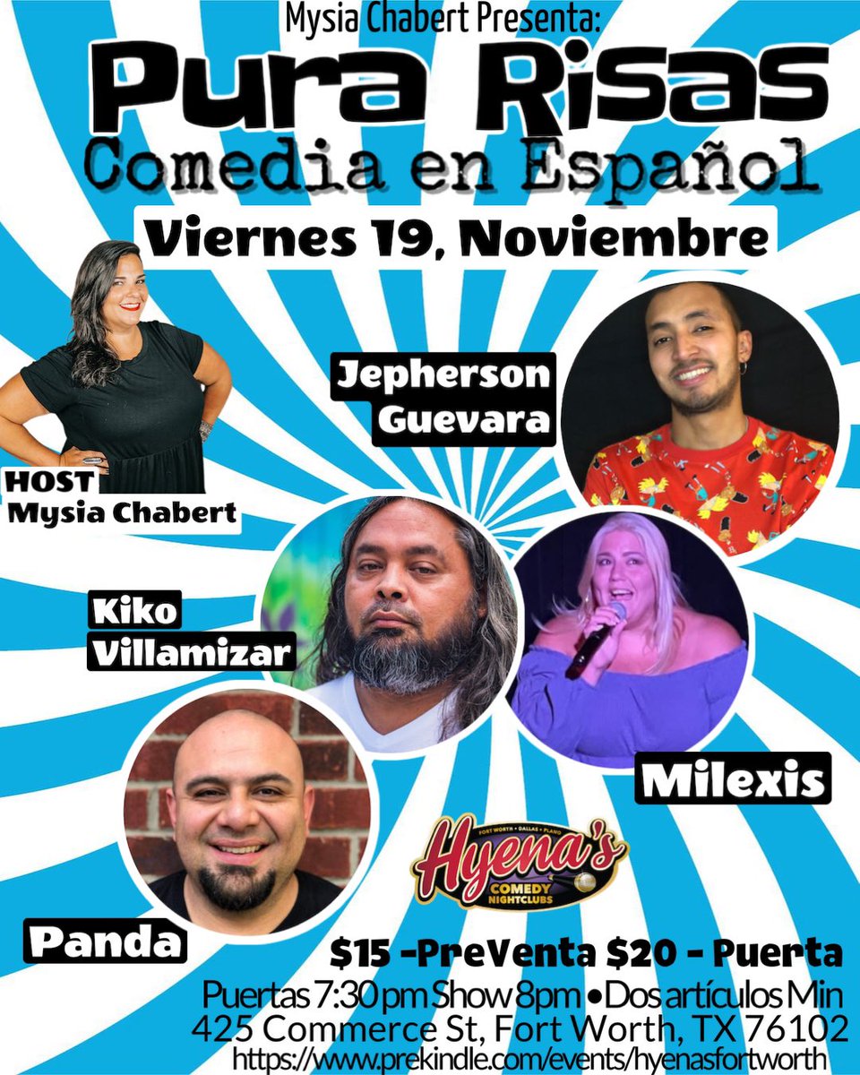 Viernes 19 de Nov, Mysia Chabert Presenta ¡PURA RISAS!
Ven y disfruta del talento y humor de Fernando “Panda” Chacon, Kiko Villamizar, Milexis y Jepherson Guevara; los mejores comediantes latinos que tiene Texas. Una noche llena de Pura Risas que no te puedes perder. <a href="/hyenasftw/">Hyena's Comedy</a>
