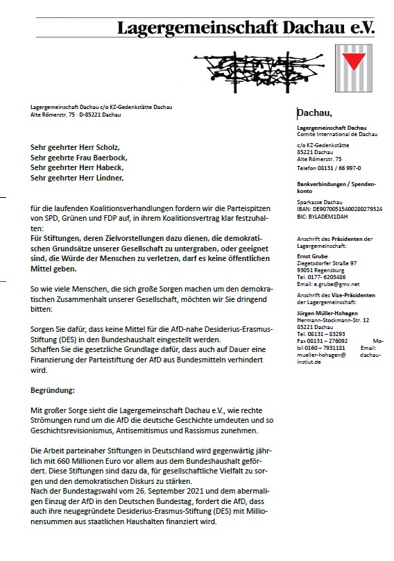 FDachau's tweet photo. Offener Brief der #Lagergemeinschaft Dachau an @Die_Gruenen , @fdp , @spdde zum Thema der #Desiderius-Erasmus-Stiftung der AfD. Das neue Präsidium fordert keine Bundesmittel für die DES zur Verfügung zu stellen!
#NieWieder #keinvergessen https://t.co/I9Yn7zdW2q