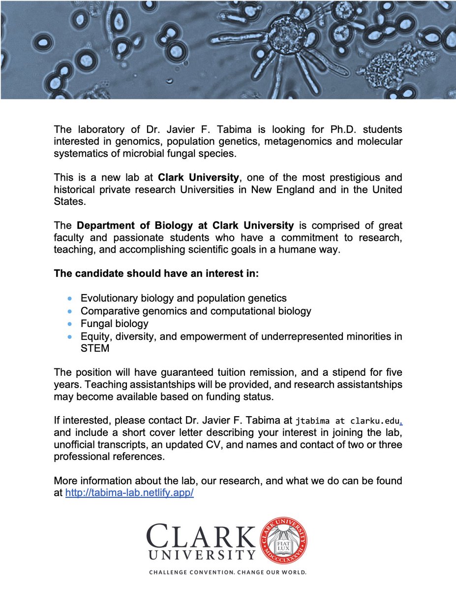 Javier Felipe Tabima (@tabima) on Twitter photo Hi everyone! I'm looking for a PhD student that is interested in genomics and population genetics of cool and weird fungi to join us at <a href="/ClarkUniversity/">Clark University</a> for the Fall 22 semester! For more info see the attached ad or go here: bit.ly/3kpaOYE
Plz retweet!! Hi everyone! I'm looking for a PhD student that is interested in genomics and population genetics of cool and weird fungi to join us at <a href="/ClarkUniversity/">Clark University</a> for the Fall 22 semester! For more info see the attached ad or go here: bit.ly/3kpaOYE
Plz retweet!!
