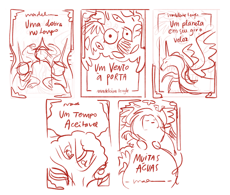 some explorations and process pics for the "a wrinkle in time" quintet covers