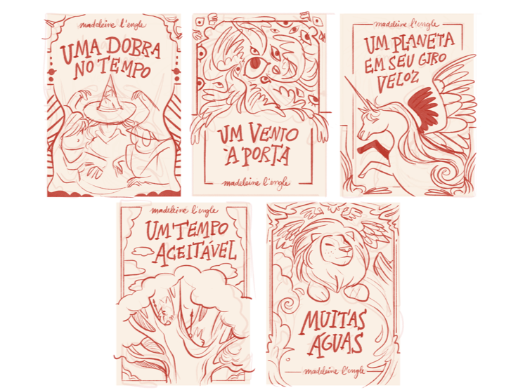 some explorations and process pics for the "a wrinkle in time" quintet covers