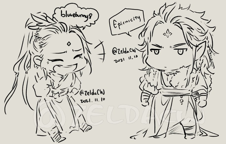 chibi doodle request from last night's stream:
Laughing Sandu and Mobei Jun (my design) 
