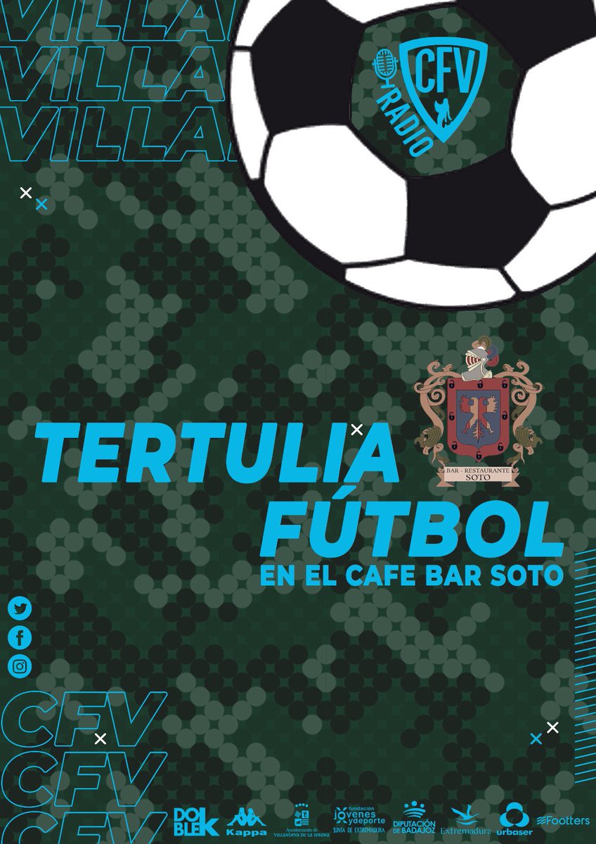 cfvillanovense's tweet photo. Hey!! ๐๐ป
๐ฃRecuerda que a las 20:30 h tenemos Tertulia en Bar Soto ๐
๐Hoy con @samu_hurtado y @franvica7 ๐๐ป
ยกTe esperamos! ๐ค
#TertuliaCFV๐ https://t.co/CqHRn0NH4h