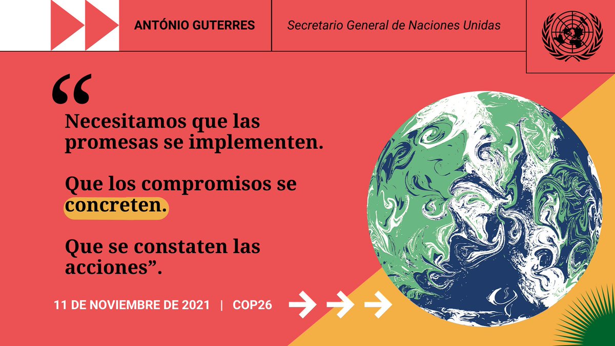 "Necesitamos que las promesas se implementen. Que los compromisos se concreten. Que se constaten las acciones".

-- <a href="/antonioguterres/">António Guterres</a> señala que los anuncios durante la #COP26 son alentadores pero insuficientes. news.un.org/es/events/cop26