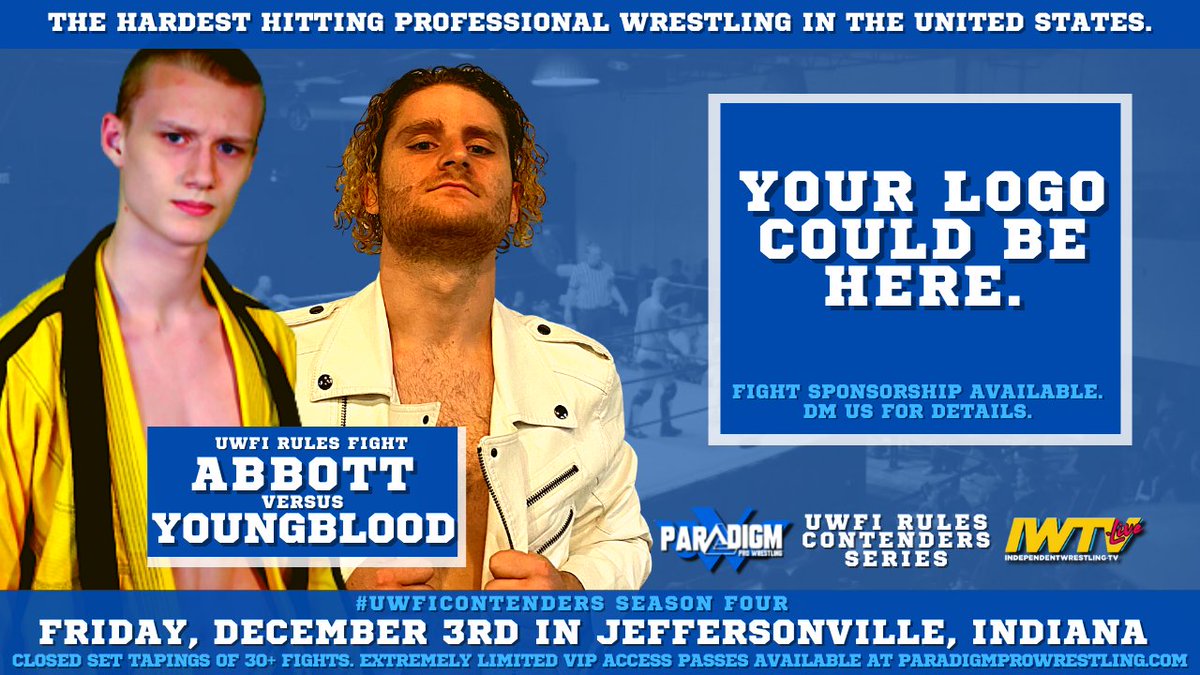 Sometimes it's fun to throw young lions in the den against each other...

<a href="/AbbottJiuJitsu/">Ari Abbott</a> vs <a href="/youngblood_pete/">Pete Youngblood</a>

DM us to sponsor this fight. 
 
#UWFiContenders S4 
This Winter on <a href="/indiewrestling/">IWTV</a>

Filming 12/3 in Jeffersonville, IN
20 Tickets Left: ParadigmProWrestling.com