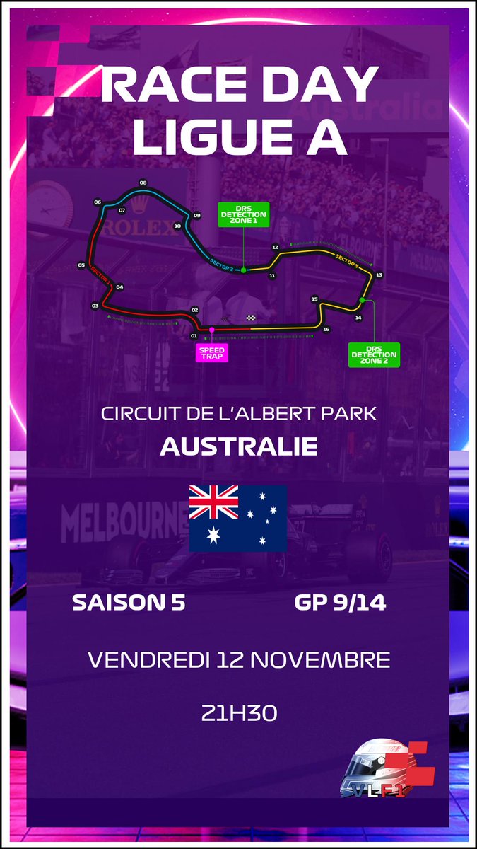 virtualliguef1's tweet photo. 🚨 RACE DAYYY LIGUE A🚨
RDV ce soir à 21h30 sur le circuit de l'Albert Park à Melbourne, Australie 🇦🇺 à l'occasion du 9ème GP de la saison 5!
Venom va-t-il garder sa première place au championnat?
#F12021 #jeuxvideos #virtualliguef1 #VLF1 https://t.co/8sqzWNRhLL