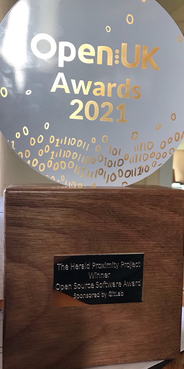 WE WON!!! Opensource software award for @HeraldProximity at #OpenUKCOP26! Thanks to all who have helped over the last 18 months. It's been wild! Here's to helping more people in healthcare through opensource over the next year!