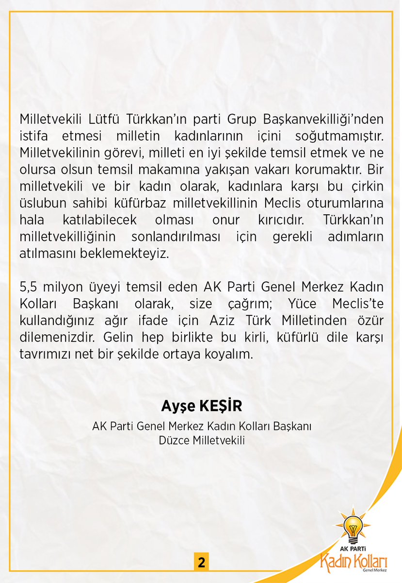 Sayın <a href="/meral_aksener/">Meral Akşener</a>'e açık mektup,

"Siyasette temiz dil çağrısı"

Çağrım;
Yüce Meclis’te kullandığınız ağır ifade için Aziz Türk Milletinden özür dilemenizdir. Gelin hep birlikte bu kirli, küfürlü dile karşı tavrımızı net bir şekilde ortaya koyalım. #AkşenereAçıkÇağrı