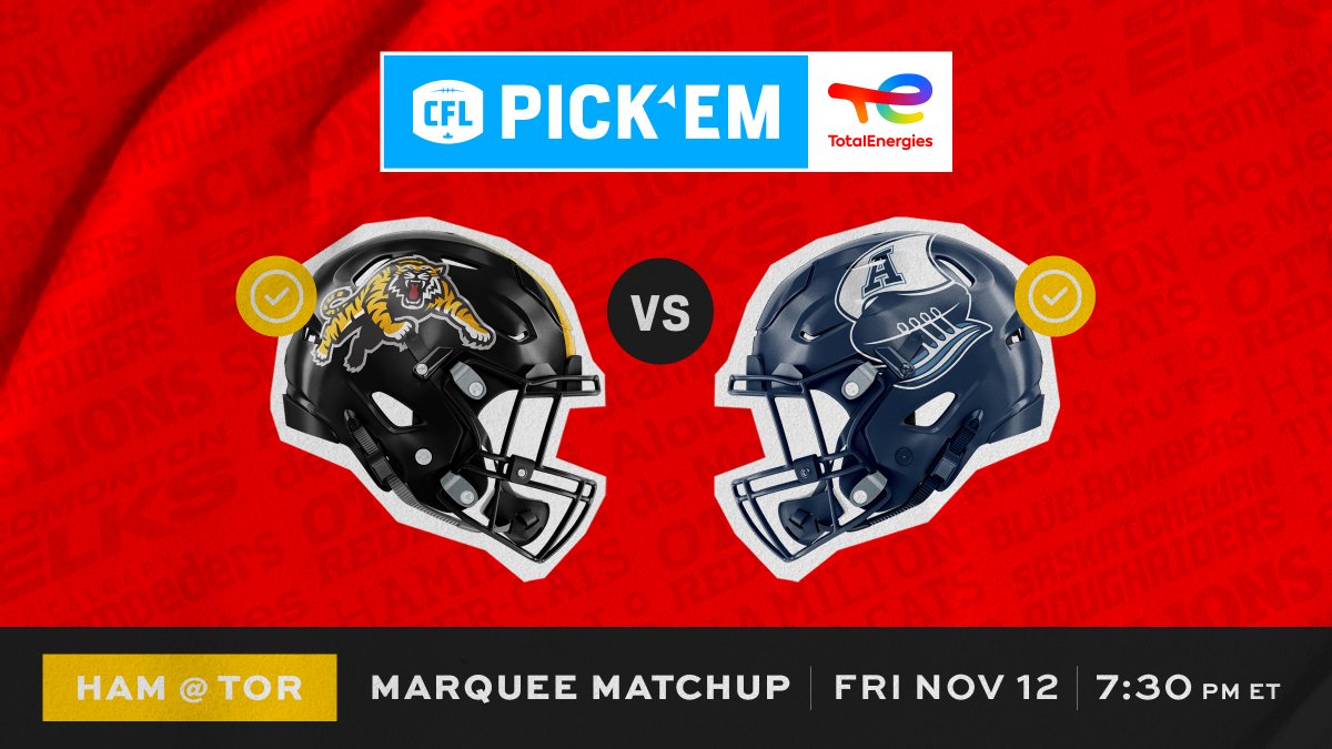 CFL's tweet photo. Week 15 #TotalEnergiesCanada 𝙈𝙖𝙧𝙦𝙪𝙚𝙚 𝙈𝙖𝙩𝙘𝙝𝙪𝙥:

Battle of the QEW heads to BMO Field with first place in the East hanging in the balance:

#TotalPickem | https://t.co/fXSWbR7xkT https://t.co/r4ky9CT5rU