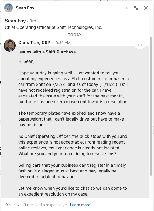 christran's tweet photo. @seanpfoy sent you a LinkedIn DM regarding my experience as a @driveshift customer. Would love to chat with you. https://t.co/mGaVcEqwVc