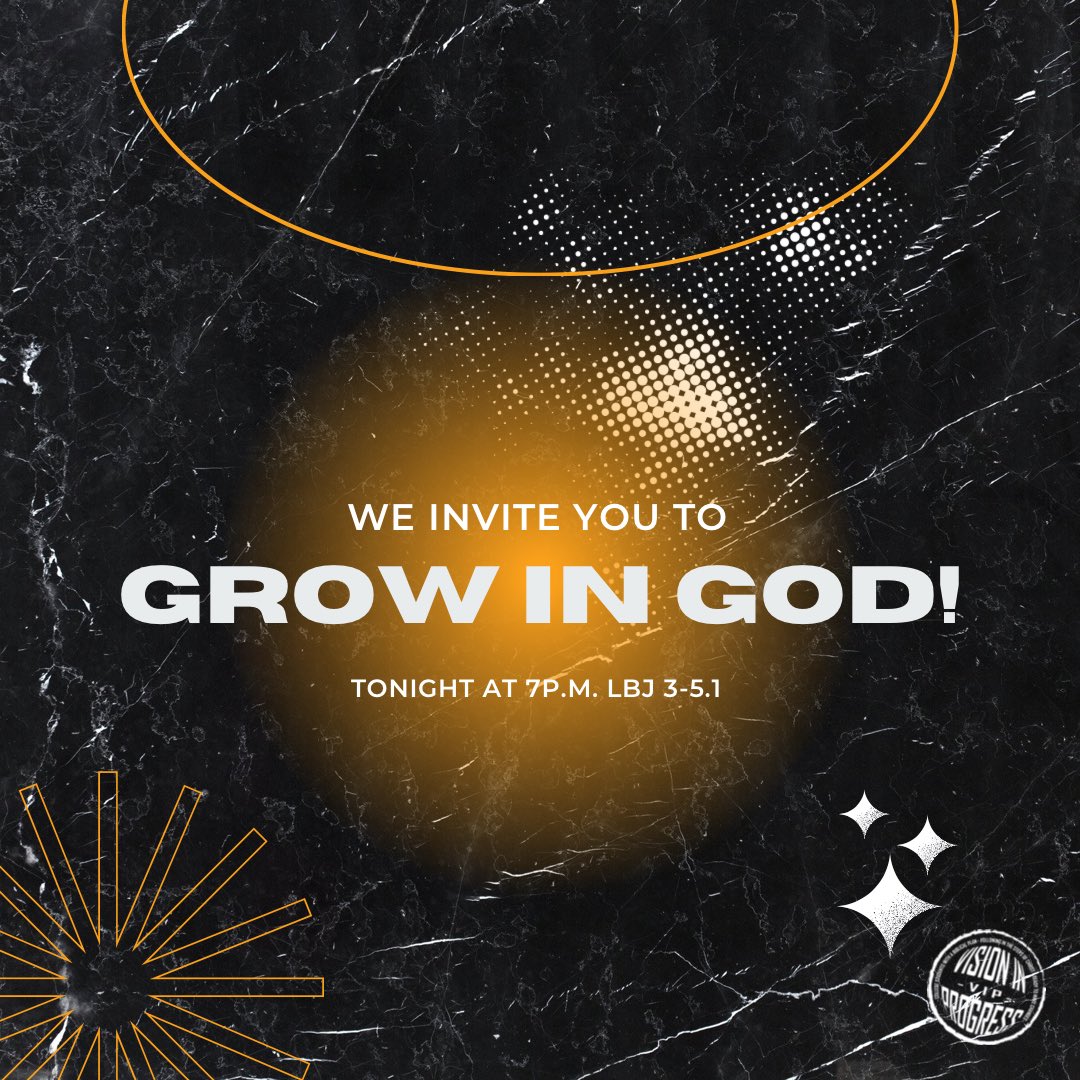 TXST_VIP's tweet photo. Today is VIP Thursday! Join us tonight at our hybrid meeting as we dive deeper into our discussion “What Is The Kingdom of God” LBJ room 3-5.1!

Click the link in our bio to access our Zoom link. https://t.co/7LdAvV3hrG