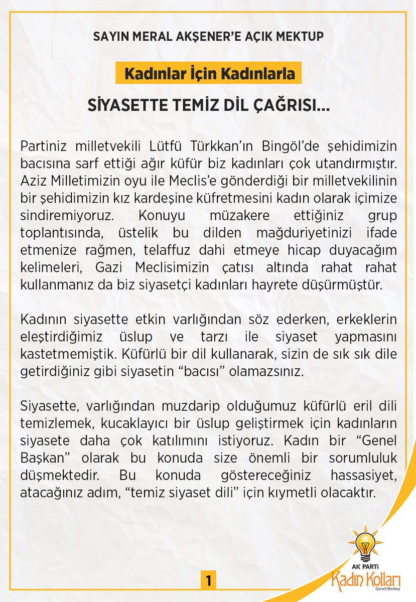 AKKADINGM's tweet photo. Sayın @meral_aksener'e açık çağrımızdır.

Yüce Meclis çatısı altında kullandığınız ifadeler biz siyasetçi kadınları hayrete düşürmüştür. “Temiz siyaset dili” çağrımıza kulak verin…

#AkşenereAçıkÇağrı https://t.co/eEQwthJyUt