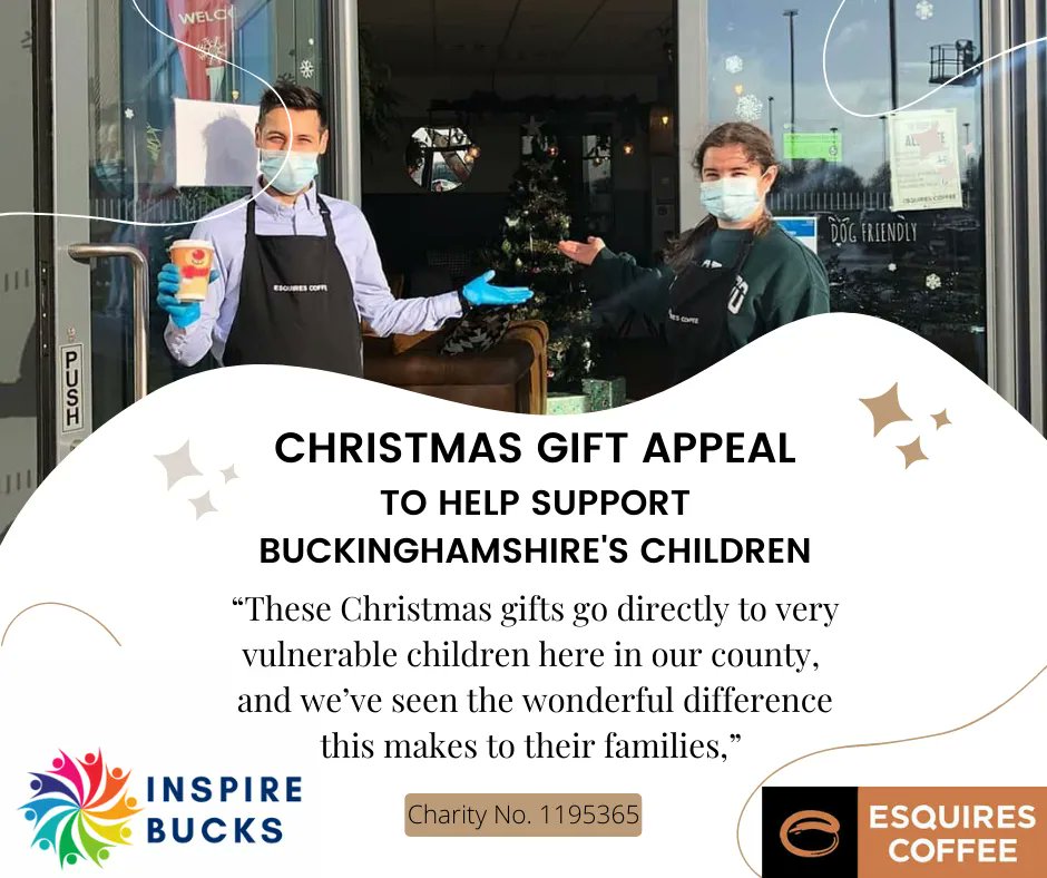 Christmas Gift Appeal boxes are ready for you! #Esquires Coffee at Lucas Furniture!
Help support #Buckinghamshire’s children by donating a gift. Help us bring Christmas cheer!🎅🎄