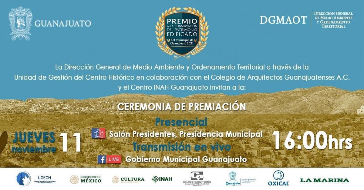 oficial_CAG's tweet photo. La Dirección General de Medio Ambiente y Ordenamiento Territorial a través de su Unidad de Gestión del Centro Histórico, en colaboración con el Colegio de Arquitectos Guanajuatenses A.C. y el Centro INAH Guanajuato, tiene el gusto de  invitarte a la: 
Ceremonia de Premiación https://t.co/Imdydw2udk