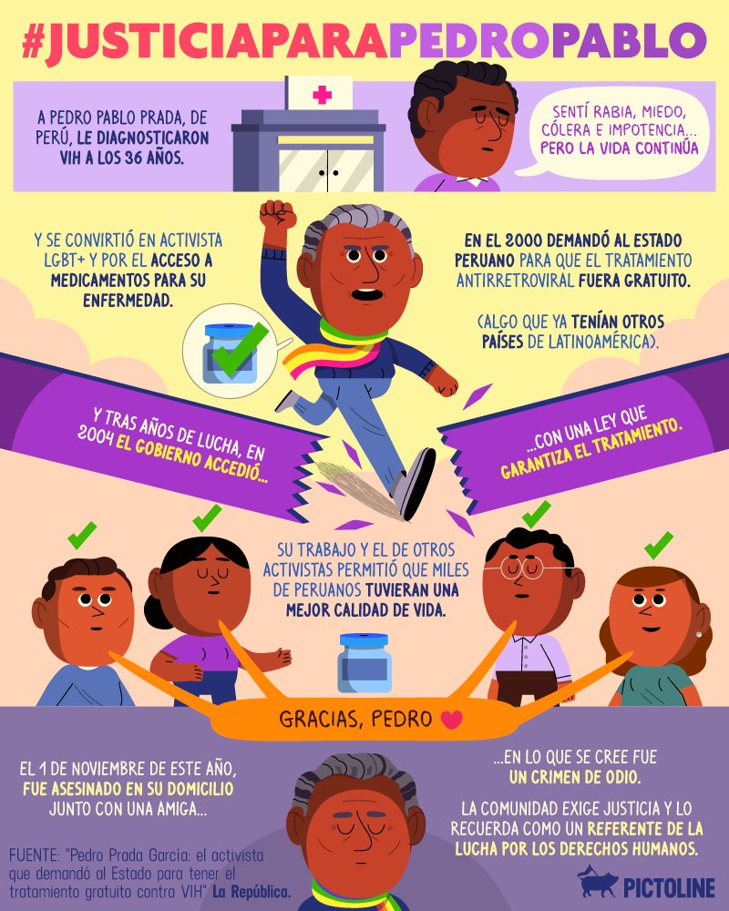 AHF_PERU's tweet photo. Pedro Pablo Prada fue uno de los activistas más importantes en la lucha por los derechos de personas con VIH en AL. @pictoline nos ayuda a comprender la importancia del trabajo de Pedro. El 1/11 Pedro fue asesinado. @FiscaliaPeru @PoliciaPeru ¡Exigimos! #JusticiaParaPedroPablo https://t.co/vR7QcU3yQN