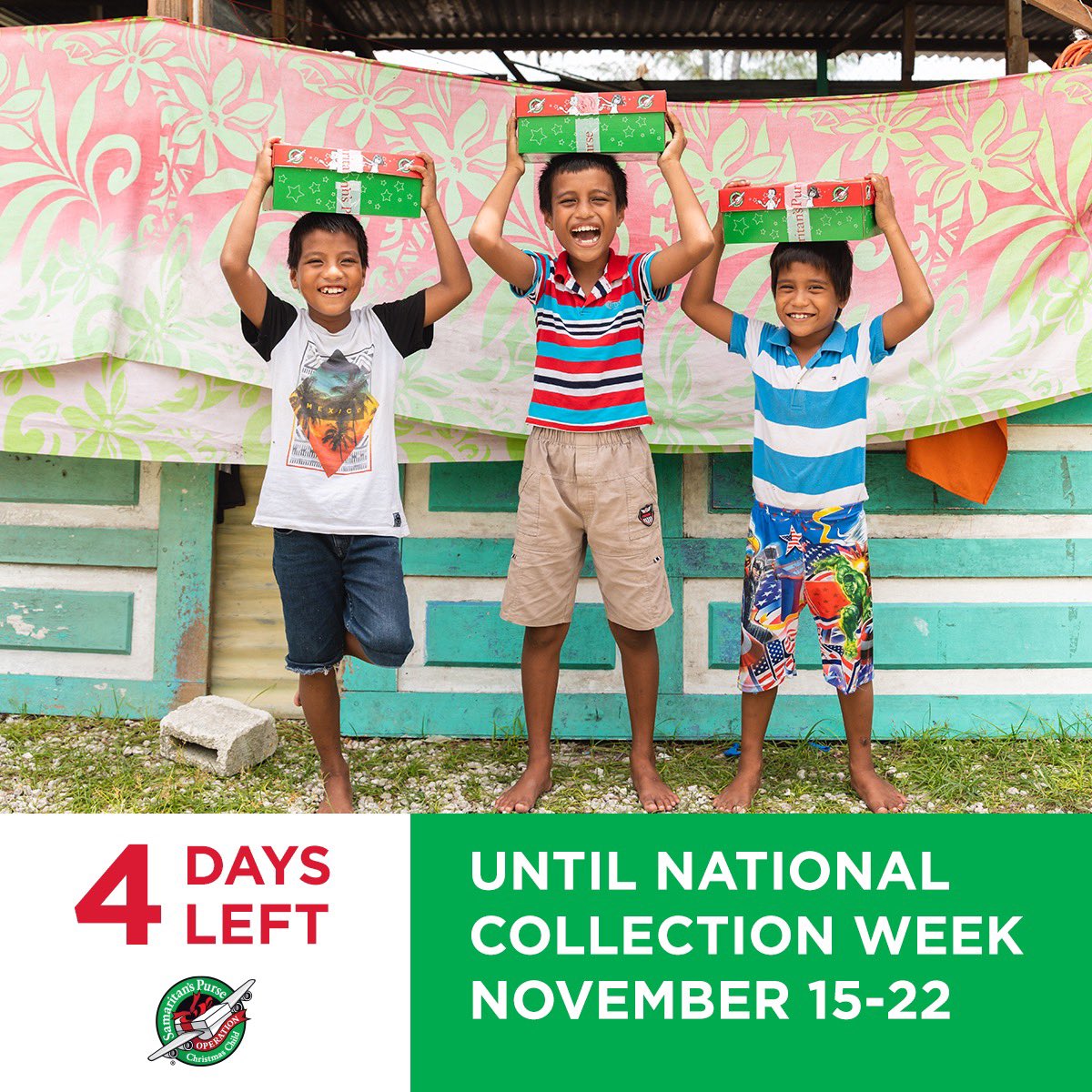 Franklin_Graham's tweet photo. We're just FOUR days away from #NationalCollectionWeek for @SamaritansPurse @OCC_shoeboxes! For more information on how you can pack shoeboxes and share the true meaning of Christmas with children around the world, visit https://t.co/xGxOqUNT1E. https://t.co/VwKns3OWJl