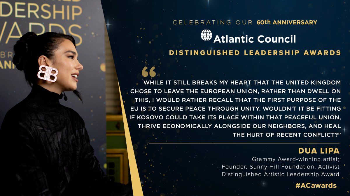 albinkurti's tweet photo. .@DUALIPA is not just world most celebrated singer, she is an activist that inspires movements for change, and she is the best diplomat that Kosova could ever asked &amp; hoped for.
Congratulations on your @AtlanticCouncil award.
You are an inspiration &amp; your country is proud of you. https://t.co/QgxTJZppQD