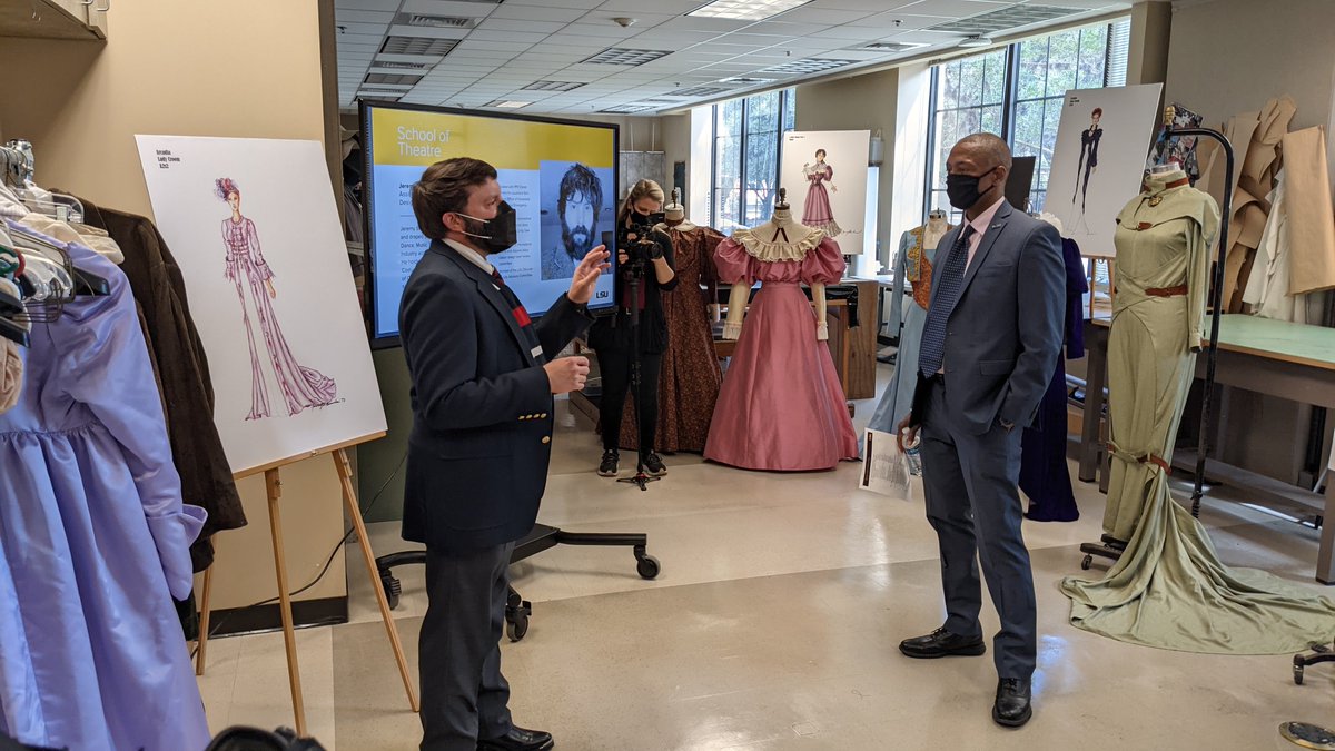 LSU President William Tate's (@WFTate4 @LSUPresident) next stop was in the costume shop @lsutheatre with Jeremy Bernardoni. @LSU