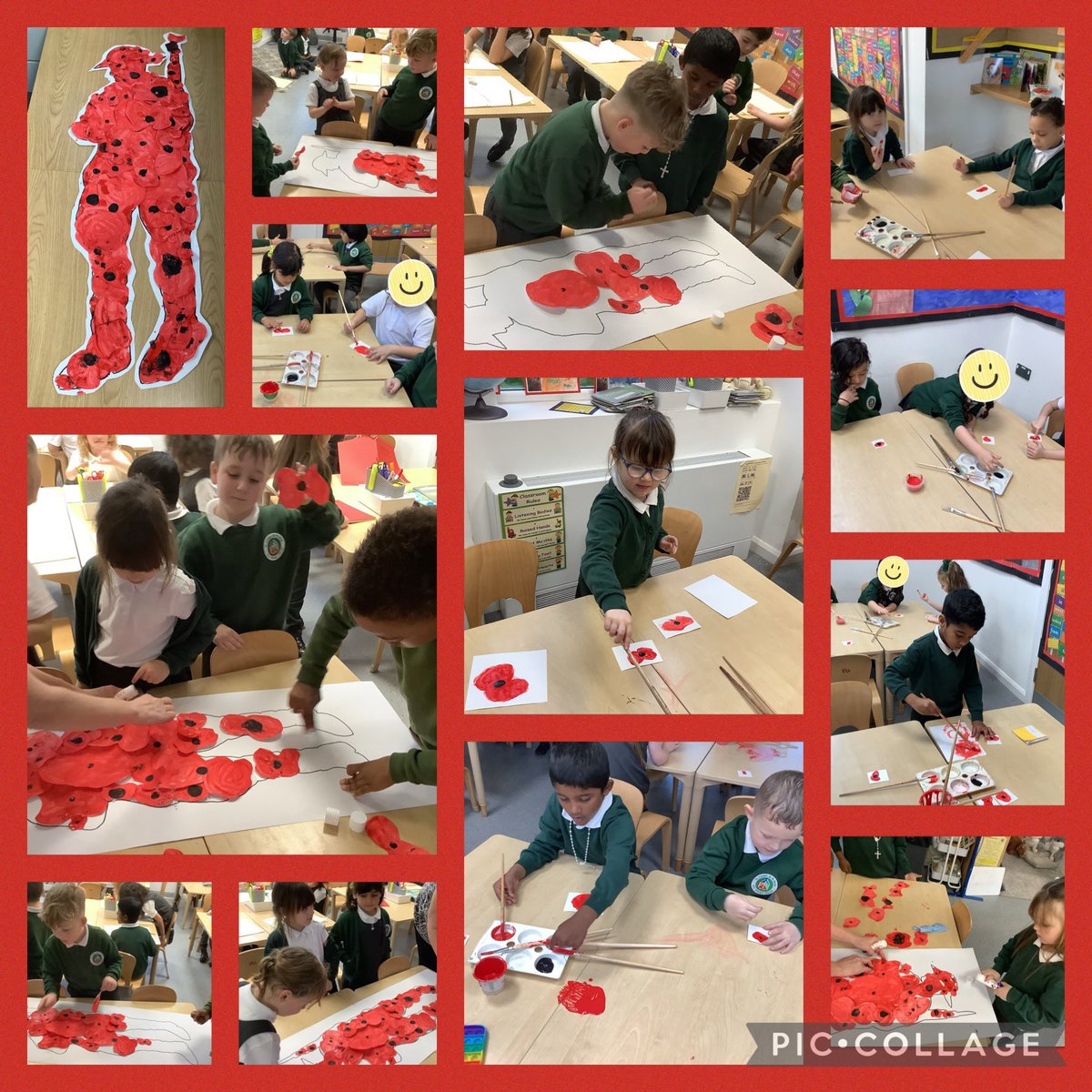 MissO_Neill's tweet photo. For #RemembranceDay Class 3 had a collective worship then created poppies which were placed onto a soldier’s silhouette 🪖 we explored the big question ‘what does peace mean to us?’ and discussed what the world would be like if we had world peace 🌍 #LestWeForget @StJosephStBede https://t.co/HcGkHHfPmQ