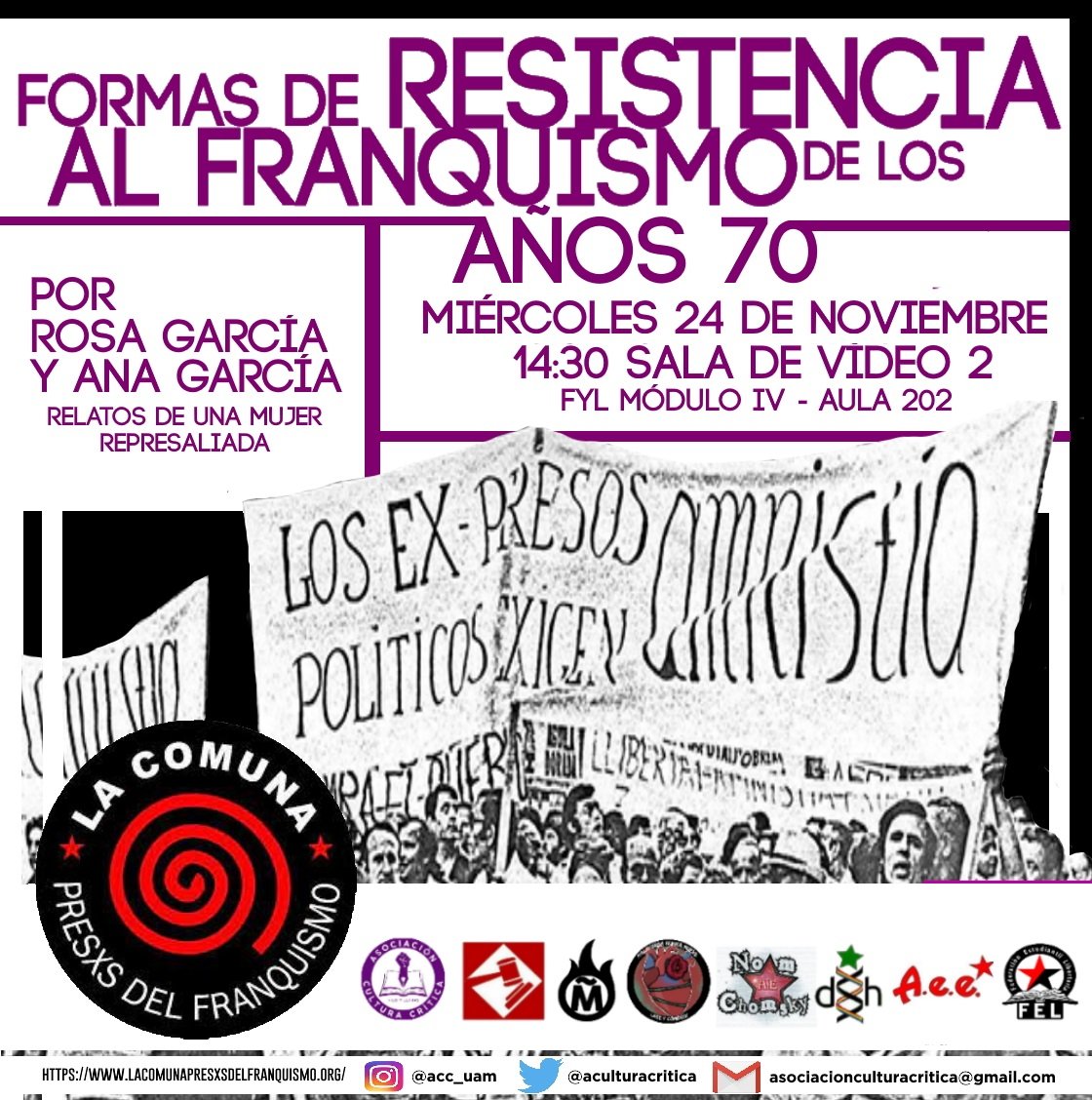 ‼️✊Os animamos a venir el 24 de noviembre a las 14:30 a la charla: "Formas de Resistencia al Franquismo", con las ponentes Ana García y Rosa García, de La Comuna (Asociación de represaliadxs del Franquismo).

📍sala de vídeo 2 módulo IV 202 de la Facultad de Filosofía y Letras