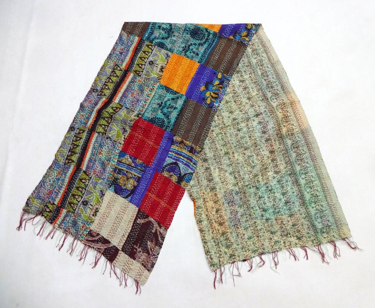 Handmade patchwork Silk Kantha Scarf Head Wrap Stole veil Hijab Scarves Reversible Sew KL56