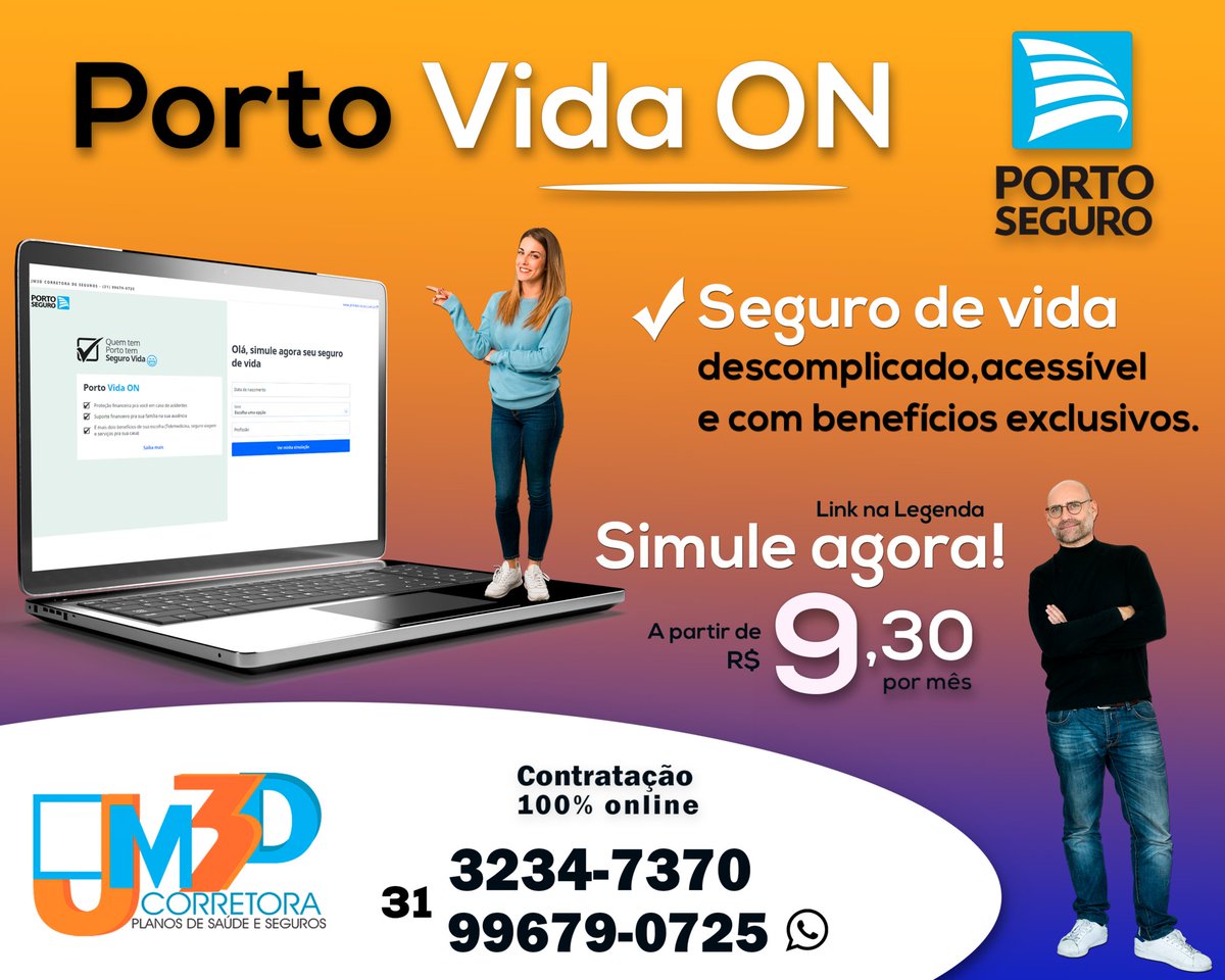 PORTO VIDA ON - a partir de R$9,30 por mês.

SIMULAÇÃO: bityli.com/simulesegurojm…

JM3D - A sua Corretora de Confiança
📞31 - 3234-7370
📲31 - 99679-0725 - wpp
📧seguros@jm3dcorretora.com.br
📧beneficios@jm3dcorretora.com.br