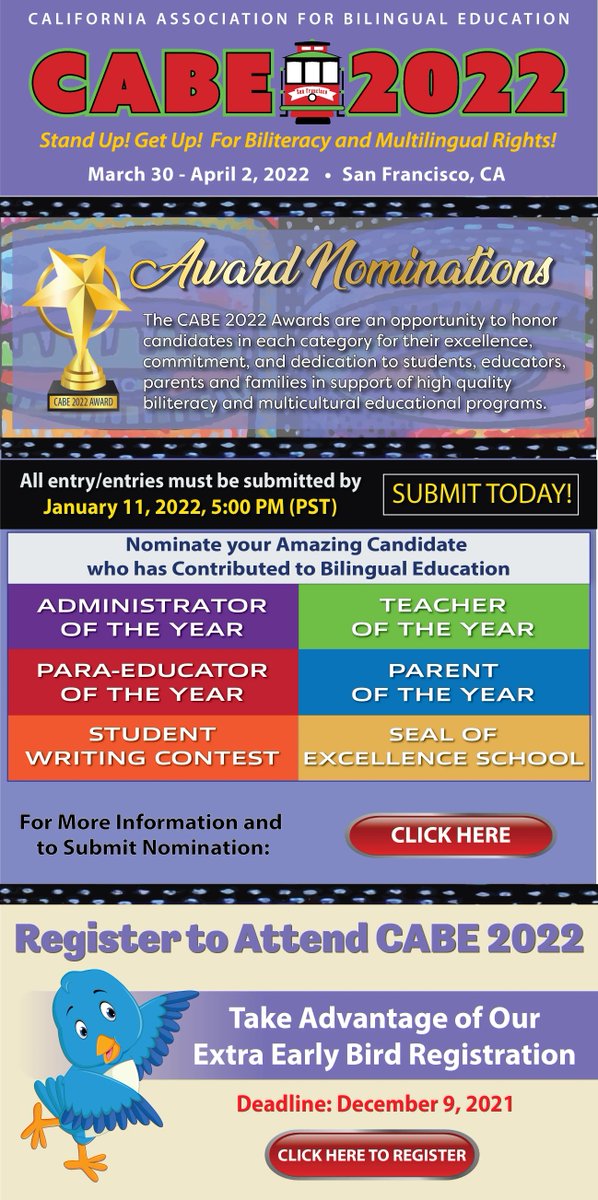 You can now submit your CABE 2022 Award Nominations! Nominate your amazing candidate who has contributed to Bilingual Education 🏆⭐️ 
For more information: buff.ly/3qybUFc
#cabe #cabe2022 #bilingualeducation #bilingualawards #cabeannual #bilingualevent #teacherresources
