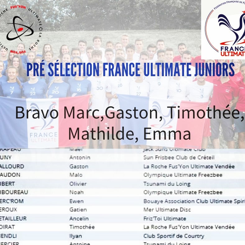 LudovicRomano's tweet photo. Bravo à nos 5 fonctions dans ces listes de pré-sélections Ultimate France Juniors 🥏🇨🇵👏
U20 open : Marc
U17 open : Gaston, Timothée
U17 féminines : Emma, Mathilde
@FFFlyingDisc @DepVendee @larochesuryonfr https://t.co/Sivw92EZbw