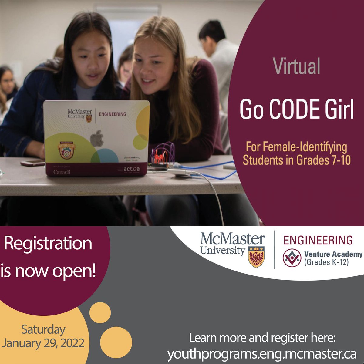 MacEngYouth's tweet photo. We are so excited to share that our 2022 Go CODE Girl registration is open for female-identifying participants in Grades 7-10!
Register here: https://t.co/eKPfiSidX5
#MacEngYouth #FireballFamily #BrighterWorld #STEM #VirtualProgramming #GoCODEGirl https://t.co/0bMdtZCjt8