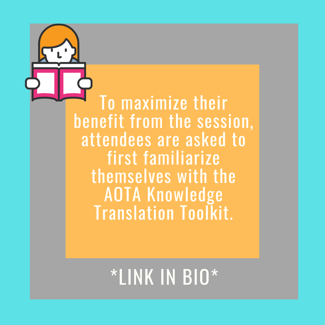 upcomingOT's tweet photo. Knowledge translation practice chat coming up! #occupationaltherapy #linkinbio https://t.co/ut7bPAArTp