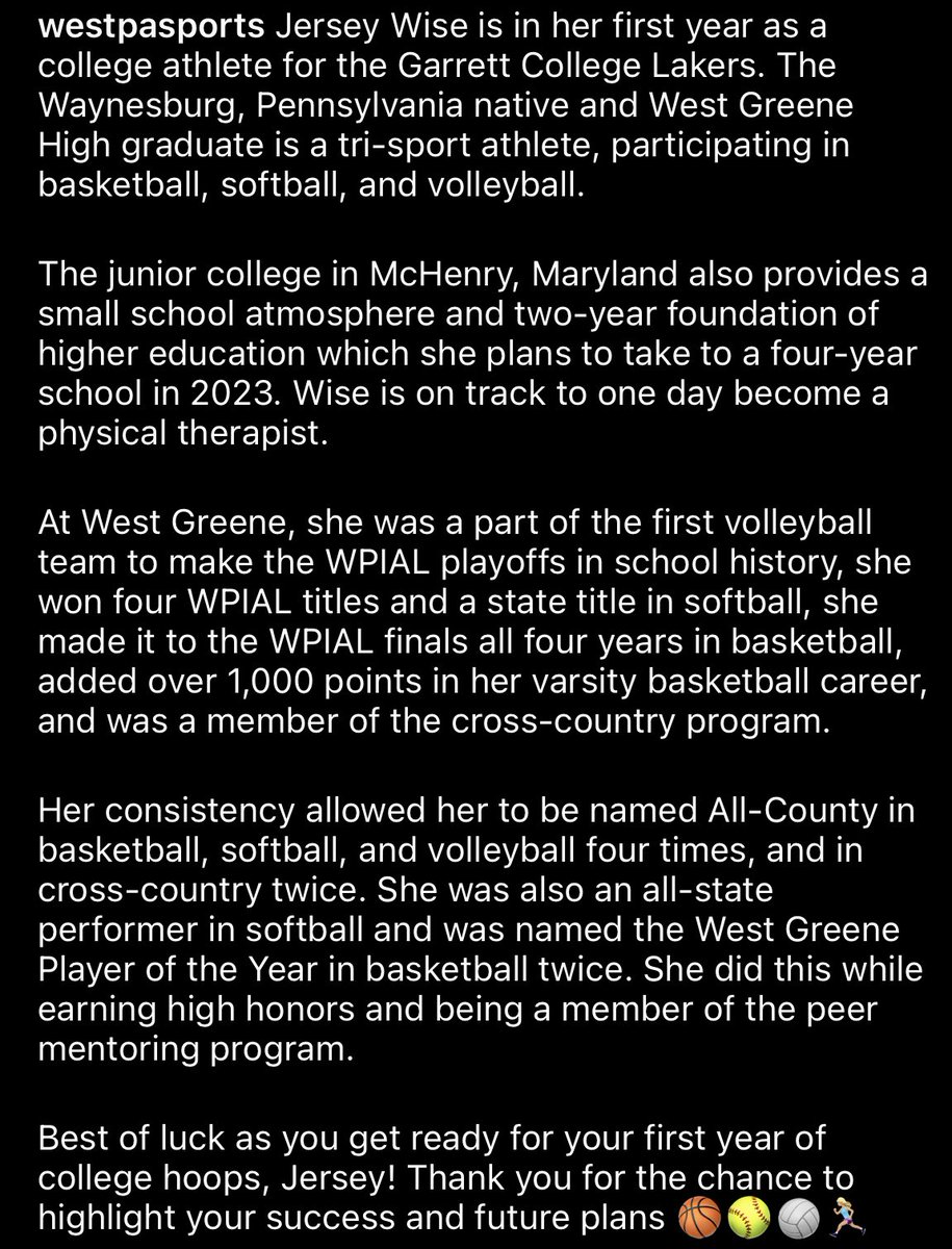WGAthleticsPA's tweet photo. westpasports covered our alum, Jersey Wise, who is in her first year at Garrett College! Congratulations and we wish you the best of luck in your future! #PioneerAlumni @wgpioneers @westgreenegbb https://t.co/GtAlnYTjaU