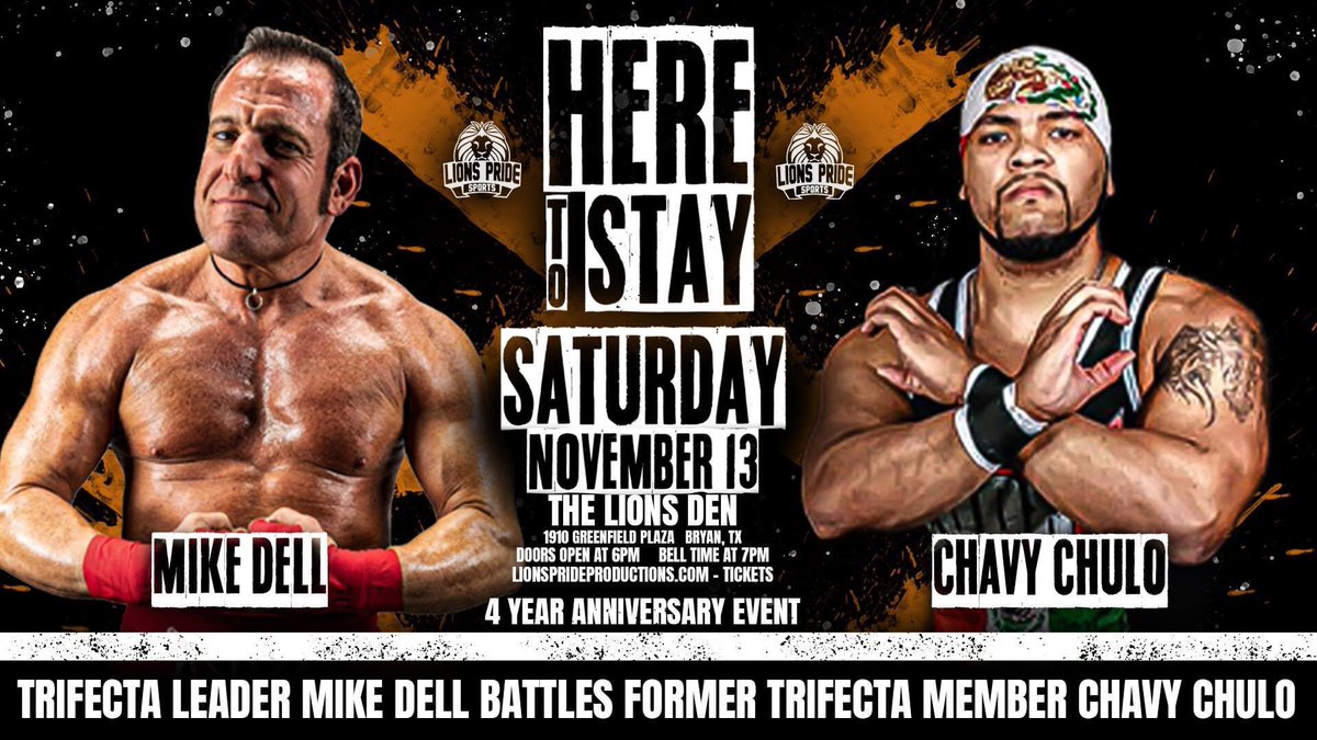 LionsPrideTX's tweet photo. Earlier this year, Chavy Chulo joined Mike Dell and Cade Carson, creating TRIFECTA

After Chavy’s loss in the #LionsDenInvitational final, Dell exiled him from the group for good

At #HereToStay, Chavy finally gets his hands on Mike Dell…

TIX LIMITED: https://t.co/39teWpJCRG https://t.co/424ocUORuf