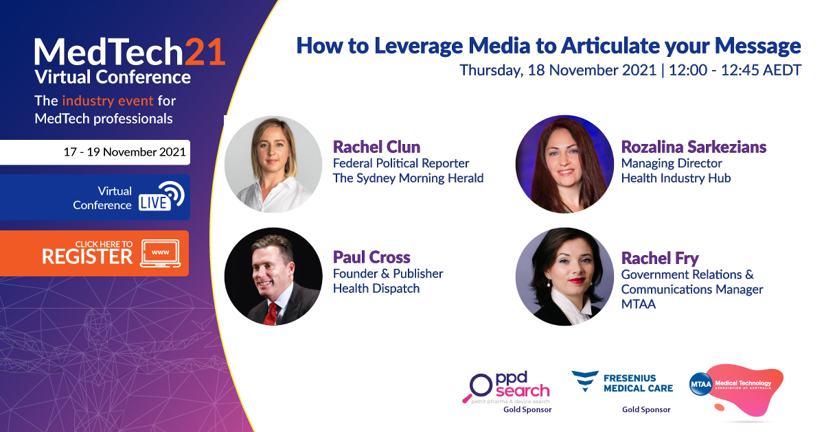 MedTechAus's tweet photo. Leading Australian journalists from The Sydney Morning Herald, Health Dispatch and Health Industry Hub will discuss how MedTech companies can leverage media to articulate their message at #MedTech21.
@smh, @rachelclun, @RozalinaRS
#MedTech https://t.co/AcxbLtAAPy
