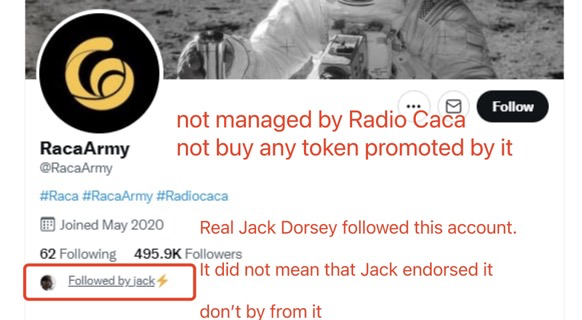 RACA_3's tweet photo. ‼️This account deleted all of its old tweets and changed  to #RacaArmy. It's not managed by the dev team, not by the #RACAarmy. 

 Please just don't buy any token or NFT they will promote on their twitter.

@Jack this account has nothing to do with us.‼️ https://t.co/2weitkbamb
