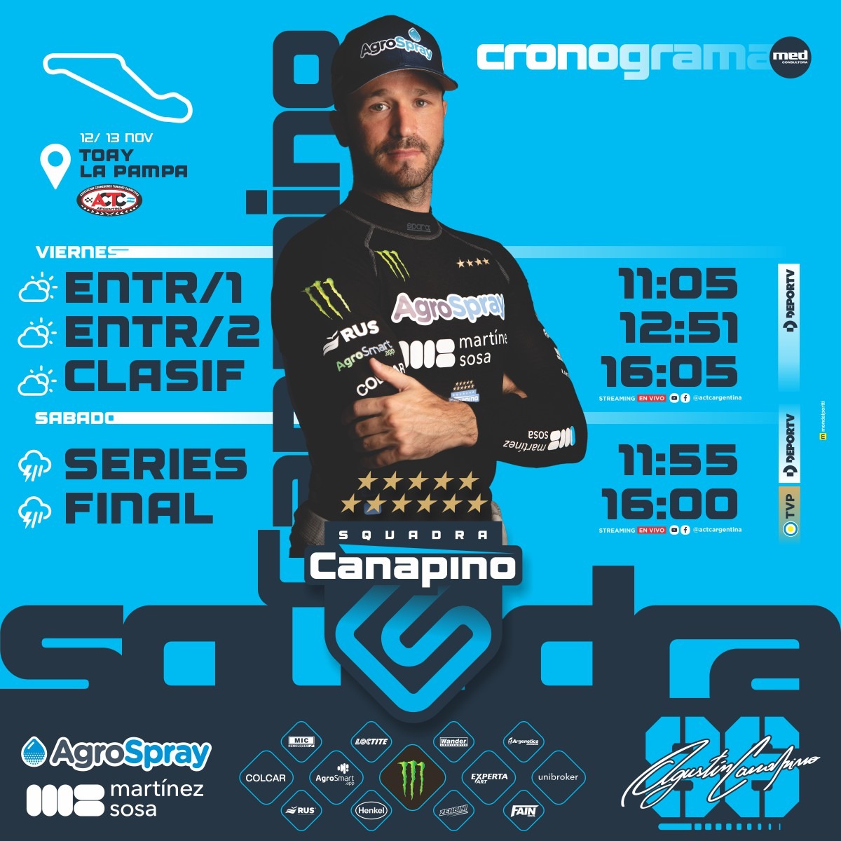 Ya estamos en el #TCenToay con <a href="/AgustinCanapino/">Agustín Canapino 🇦🇷</a> y estos son los horarios para la jornada de mañana y el sábado. 🕐