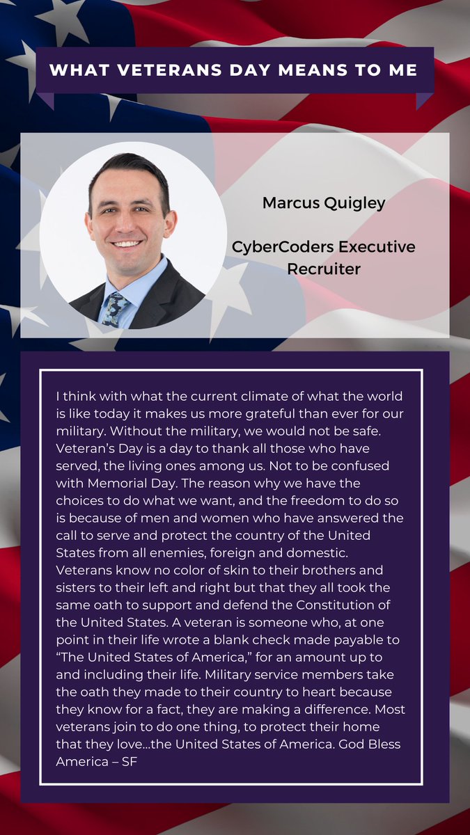CyberCoders's tweet photo. This Veterans Day, we wanted to honor all those who've served in the U.S. military by sharing what Veterans Day personally means to some of our CyberCoders team members.

#VeteransDay #CyberCoders #veterans #jobs #careers #veteransday #veterans https://t.co/BFKa9LqRpv