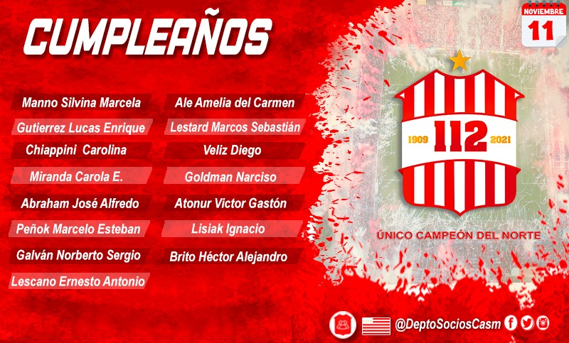 DeptoSociosCASM's tweet photo. 🔴⚪🔴 #Cumpleaños 🥳

El @CASMOficial desde su Depto. de Socios y Socias, saluda a los socios que cumplen años hoy.

#SanMartínTuc
#SociosySocias
#11deNoviembre

Datos suministrados por administración CASM. Para actualizar datos comunicarse vía Wp al: 3813681177 o 3816373077 https://t.co/SYmsDIscjv