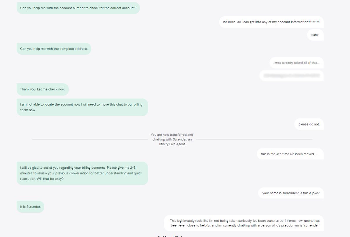 PatrickCrypto3's tweet photo. I am being trolled by comcast currently. Literally after transferring me 4 times they put me in touch with a person named "surrender" #customerservice #comcast #xfinity https://t.co/hhcNrkz23j
