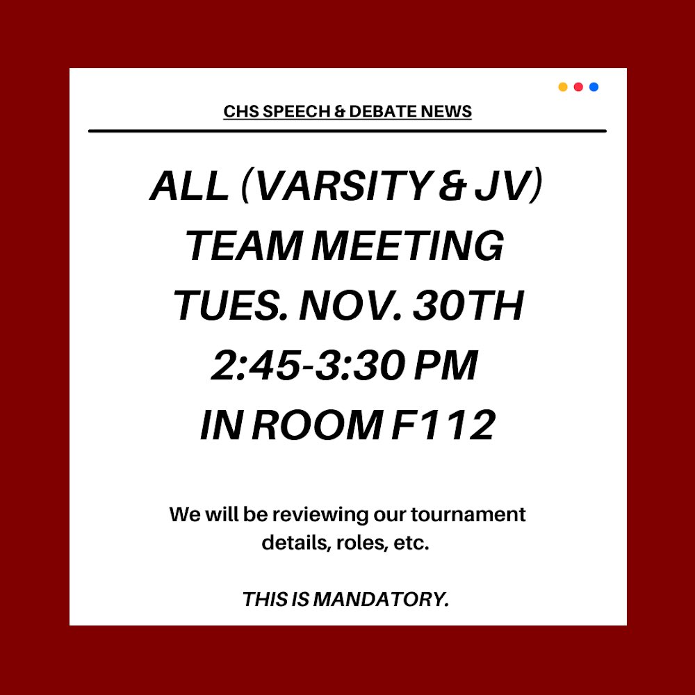 cvilleforensics's tweet photo. Mark your calendars! All team meeting on Nov. 30th (Tues.) after school from 2:45-3:30 pm!
Varsity &amp; JV are required to attend. We will be discussing our upcoming tournament’s plans! https://t.co/cAYag7o1DM